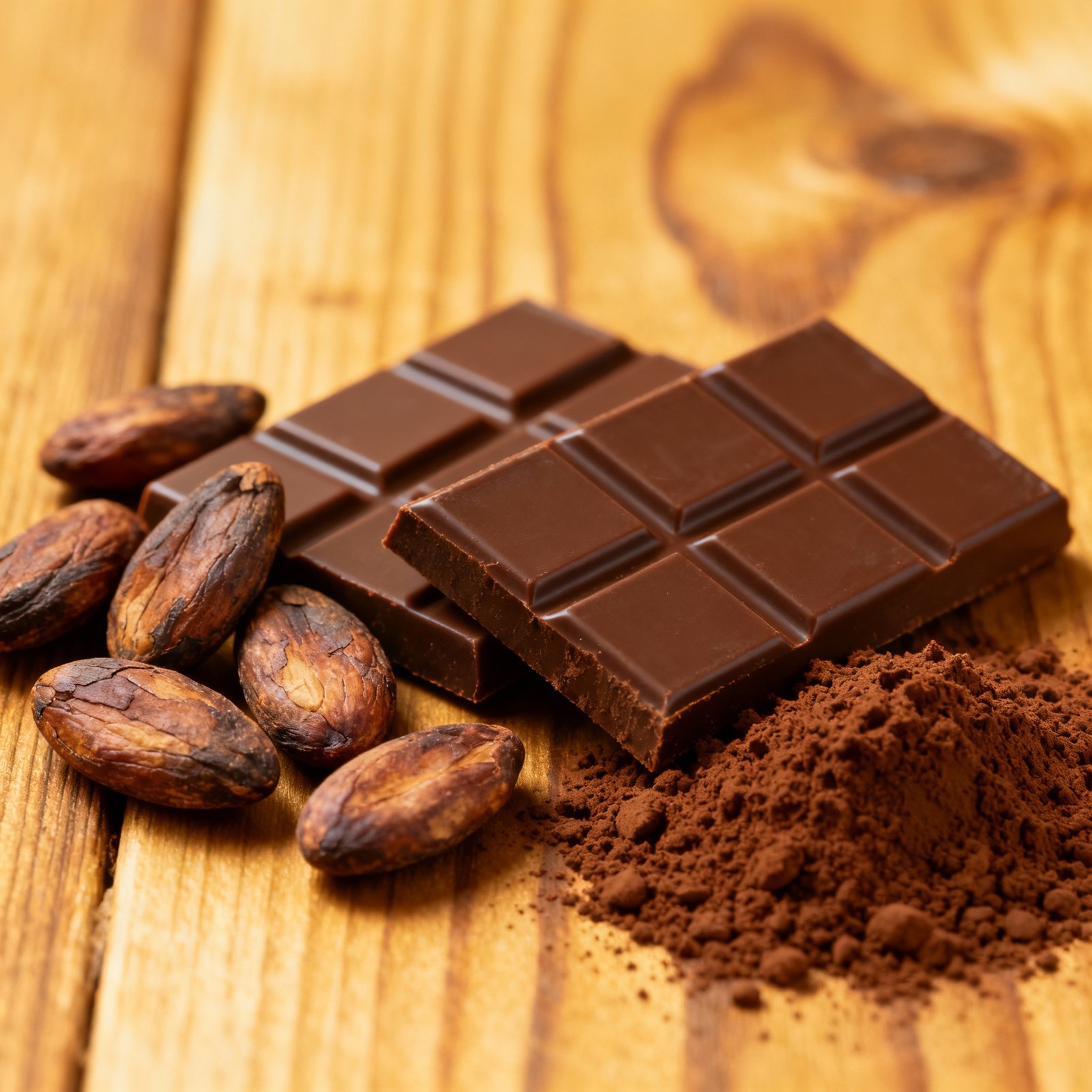 tabletas de chocolate, semillas de cacao y cacao en polvo sobre fondo madera
